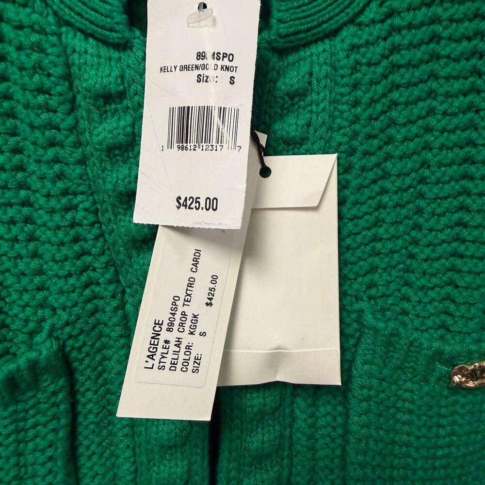 NWT L'Agence Delilah Crop Textured Cardigan Kelly Green Gold Knot Size Small - Picture 6 of 8